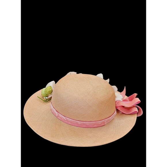 Vintage Adolfo II Wide Brim Straw Floral Hat Pink Velvet  display picture 1
